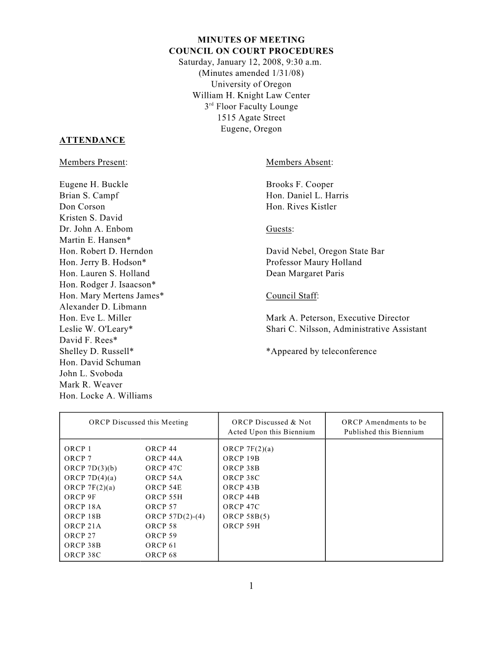 January 12, 2008, Minutes Appendix A-1 Matrix of Council Members Contacting Legislators