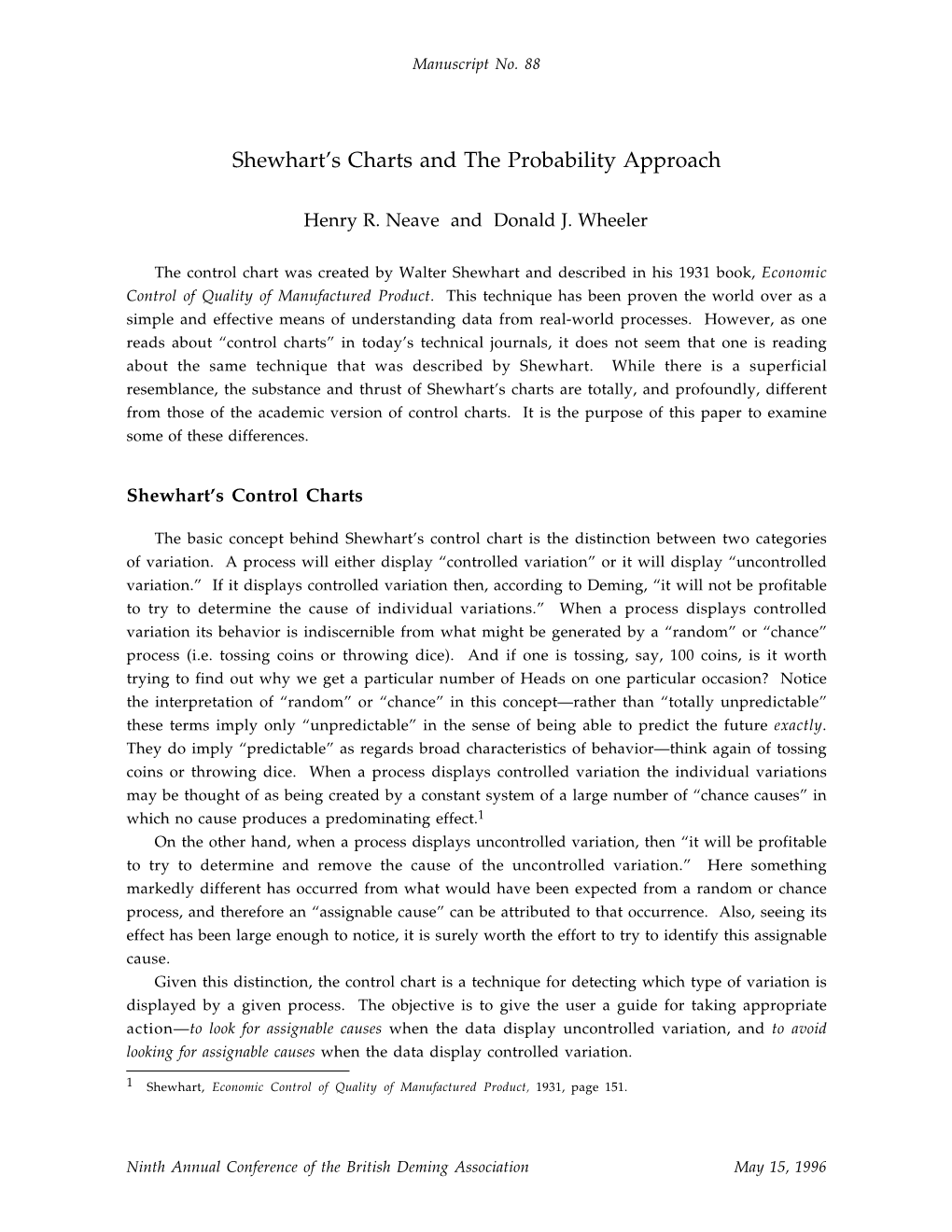 88. Shewhart's Charts and the Probability Approach
