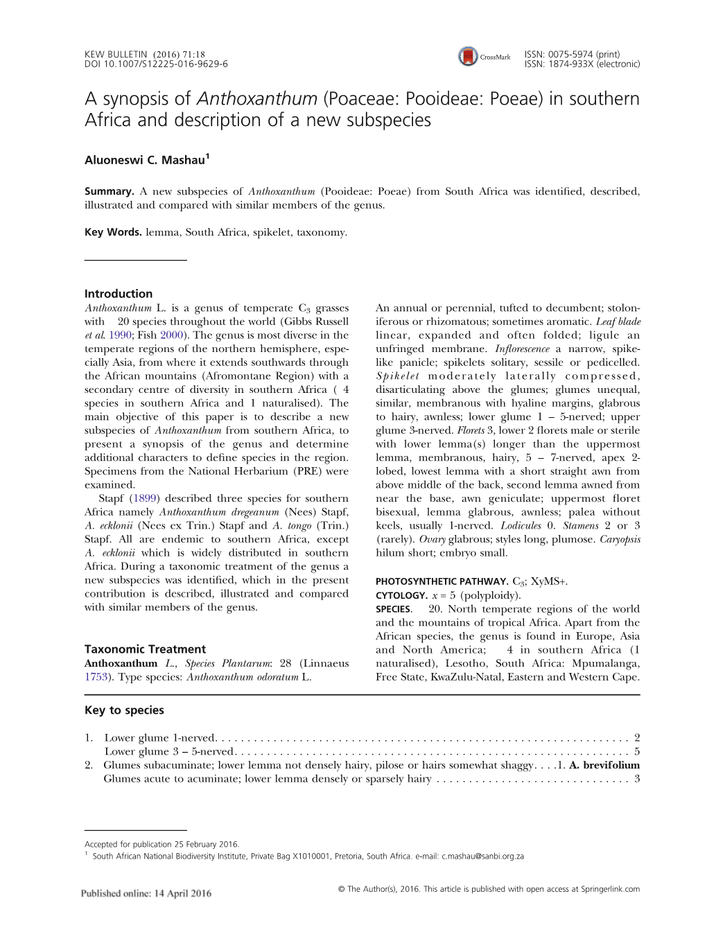 A Synopsis of Anthoxanthum (Poaceae: Pooideae: Poeae) in Southern Africa and Description of a New Subspecies