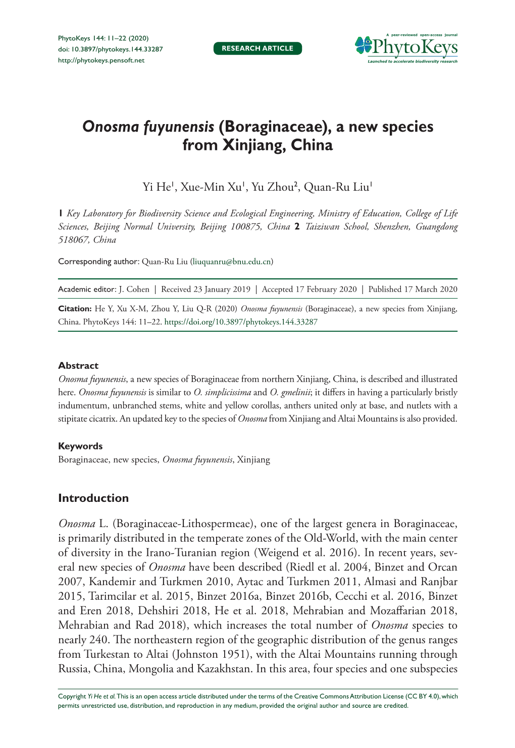 Onosma Fuyunensis (Boraginaceae), a New Species from Xinjiang, China