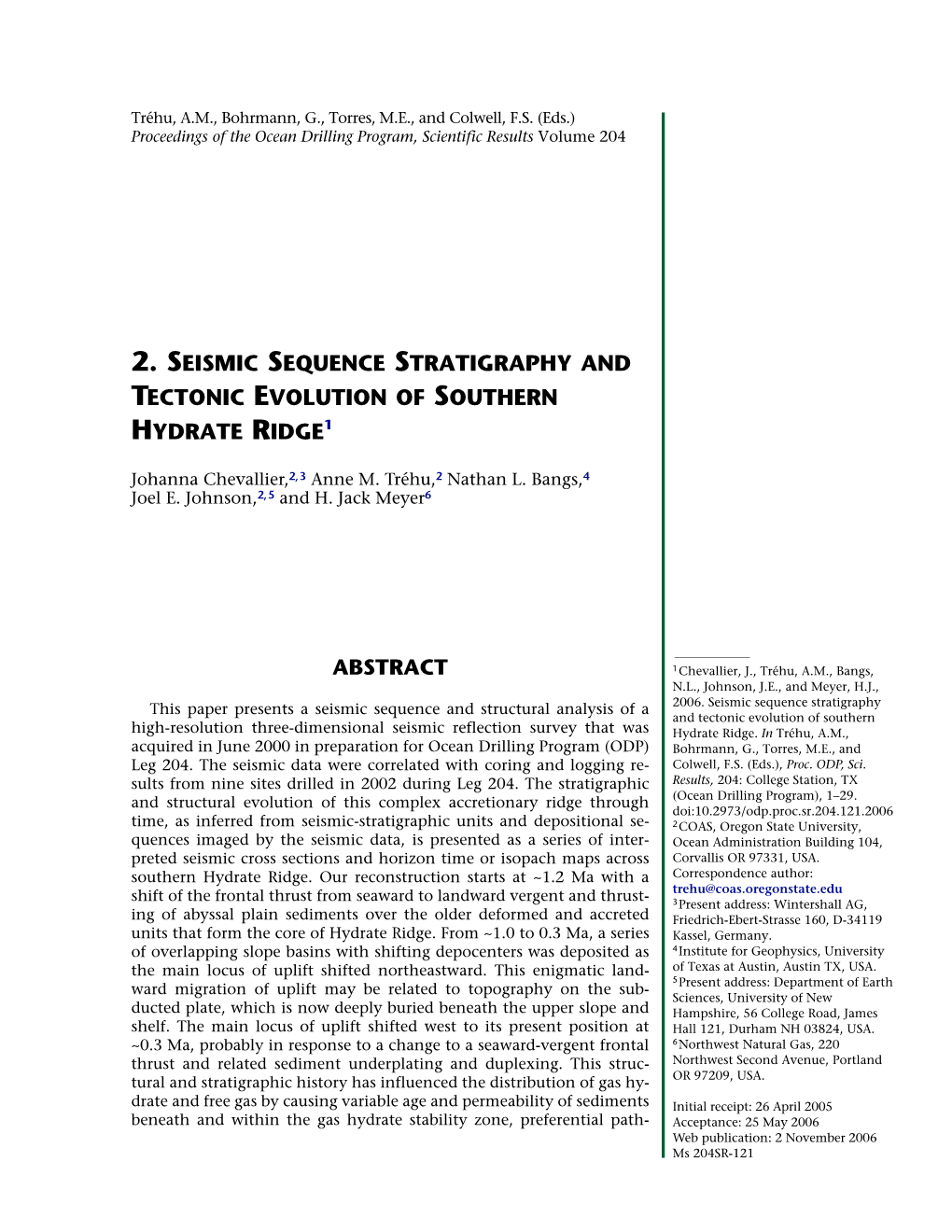 2. Seismic Sequence Stratigraphy and Tectonic Evolution of Southern Hydrate Ridge1