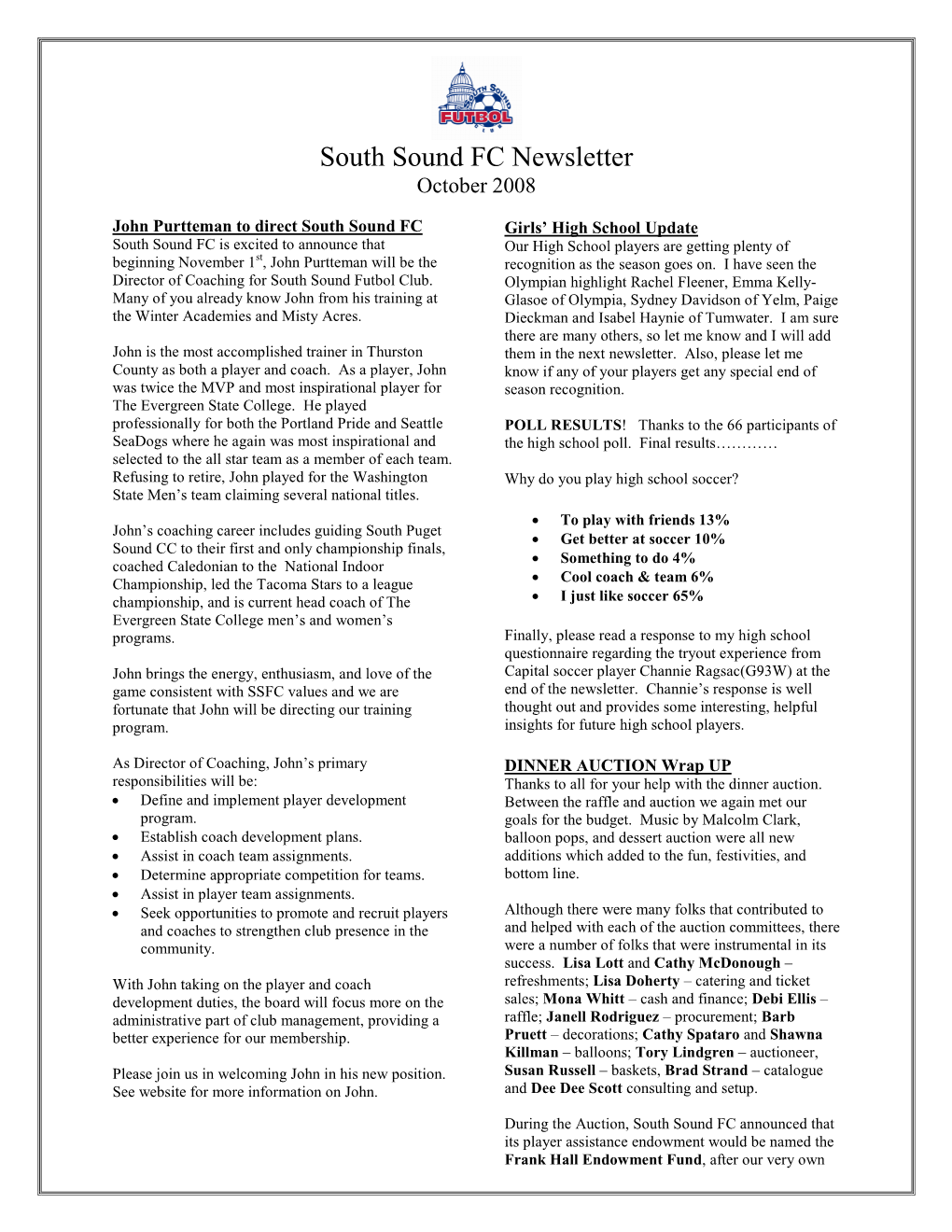 South Sound FC Newsletter October 2008