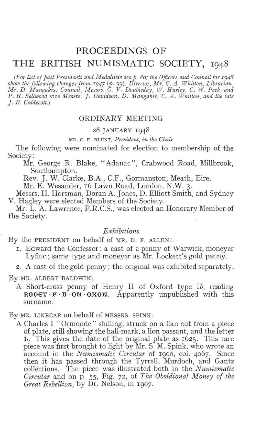 Proceedings of the British Numismatic Society, 1948