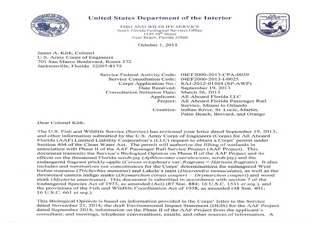 20151001 Letter Service to Corps AAF Biological Opinion.Pdf