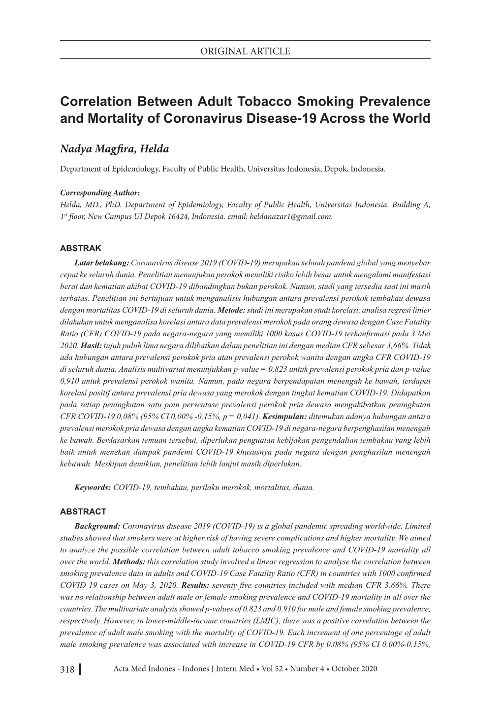 Correlation Between Adult Tobacco Smoking Prevalence and Mortality of Coronavirus Disease-19 Across the World