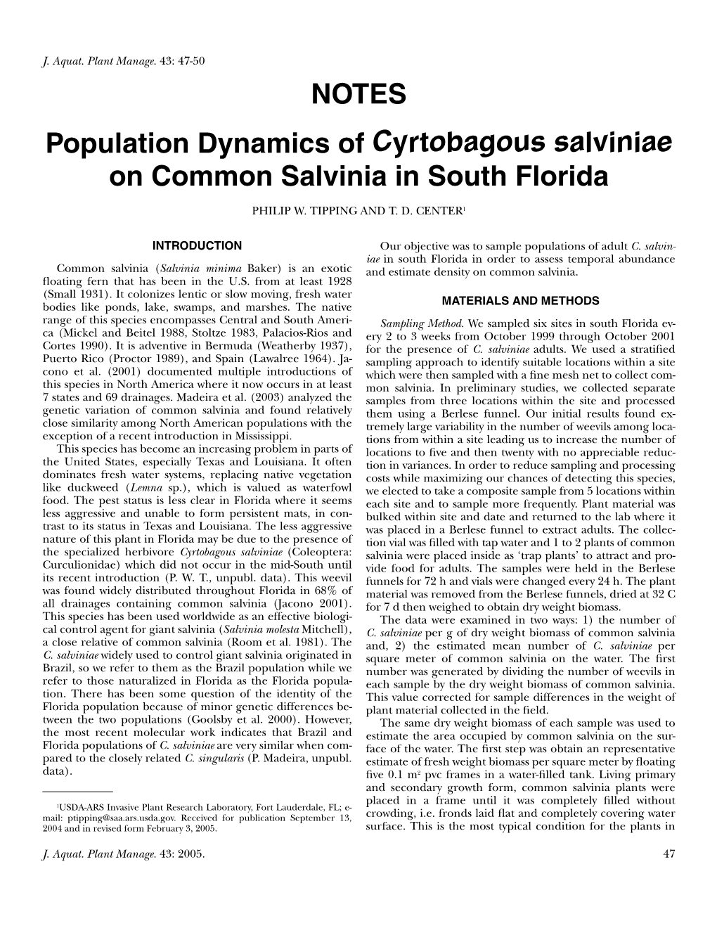 Population Dynamics of Cyrtobagous Salviniae on Common Salvinia in South Florida