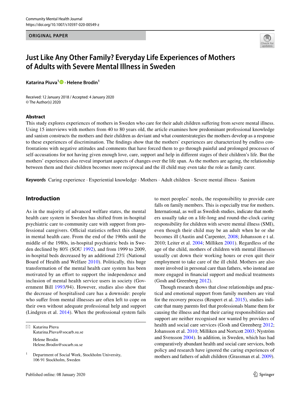 Everyday Life Experiences of Mothers of Adults with Severe Mental Illness in Sweden