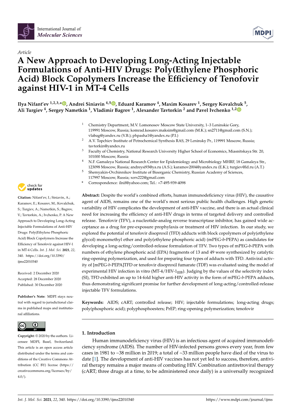 Poly(Ethylene Phosphoric Acid) Block Copolymers Increase the Efﬁciency of Tenofovir Against HIV-1 in MT-4 Cells