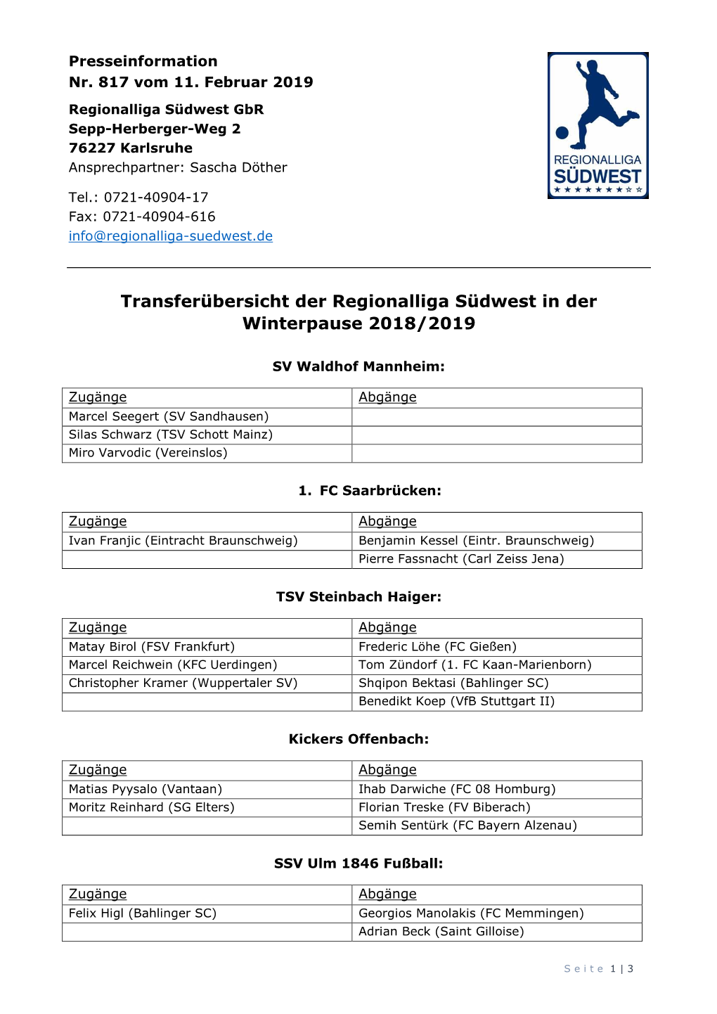 Transferübersicht Der Regionalliga Südwest in Der Winterpause 2018/2019