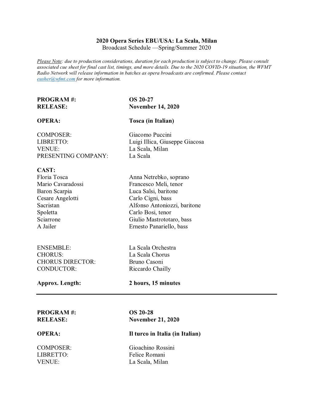 La Scala, Milan Broadcast Schedule —Spring/Summer 2020