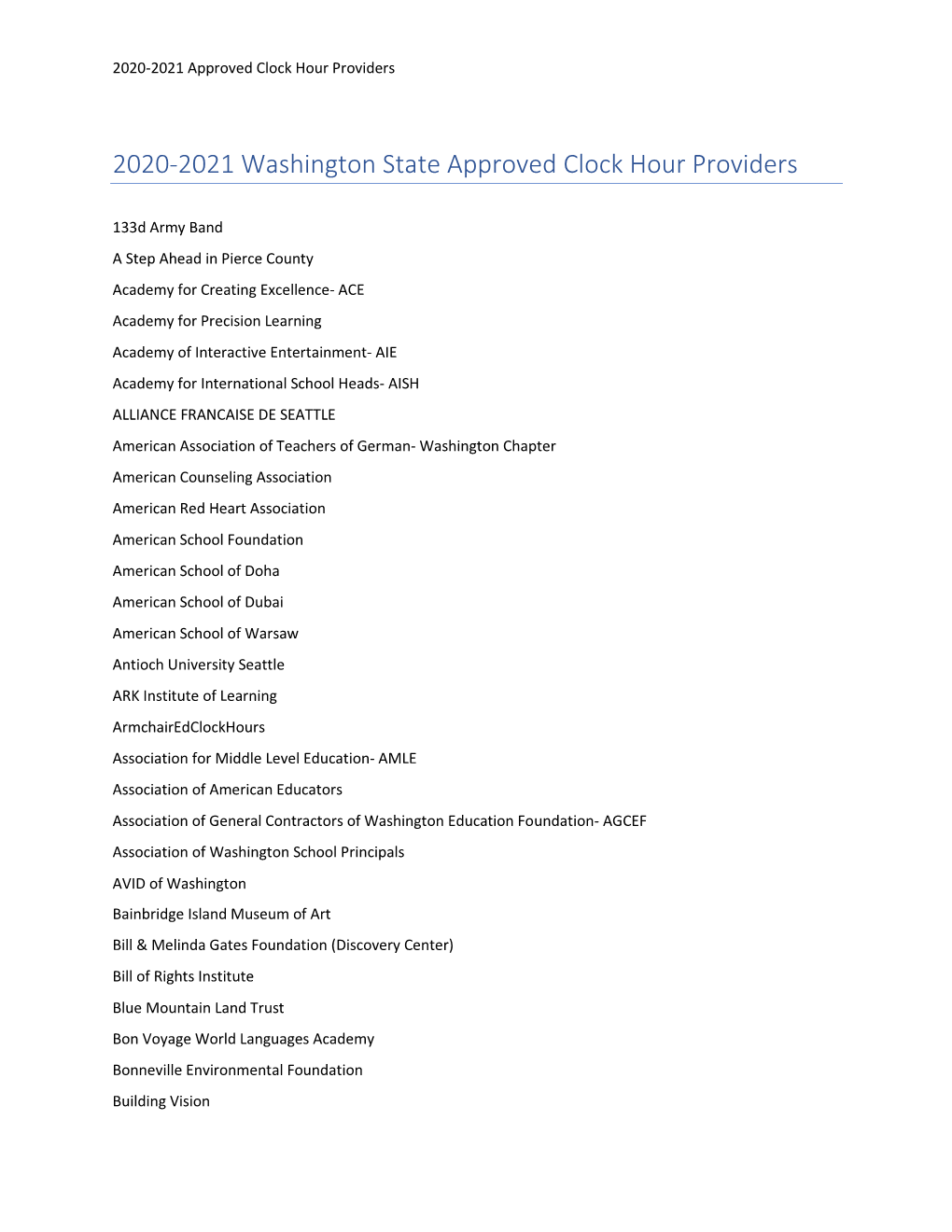 2020-2021 Washington State Approved Clock Hour Providers