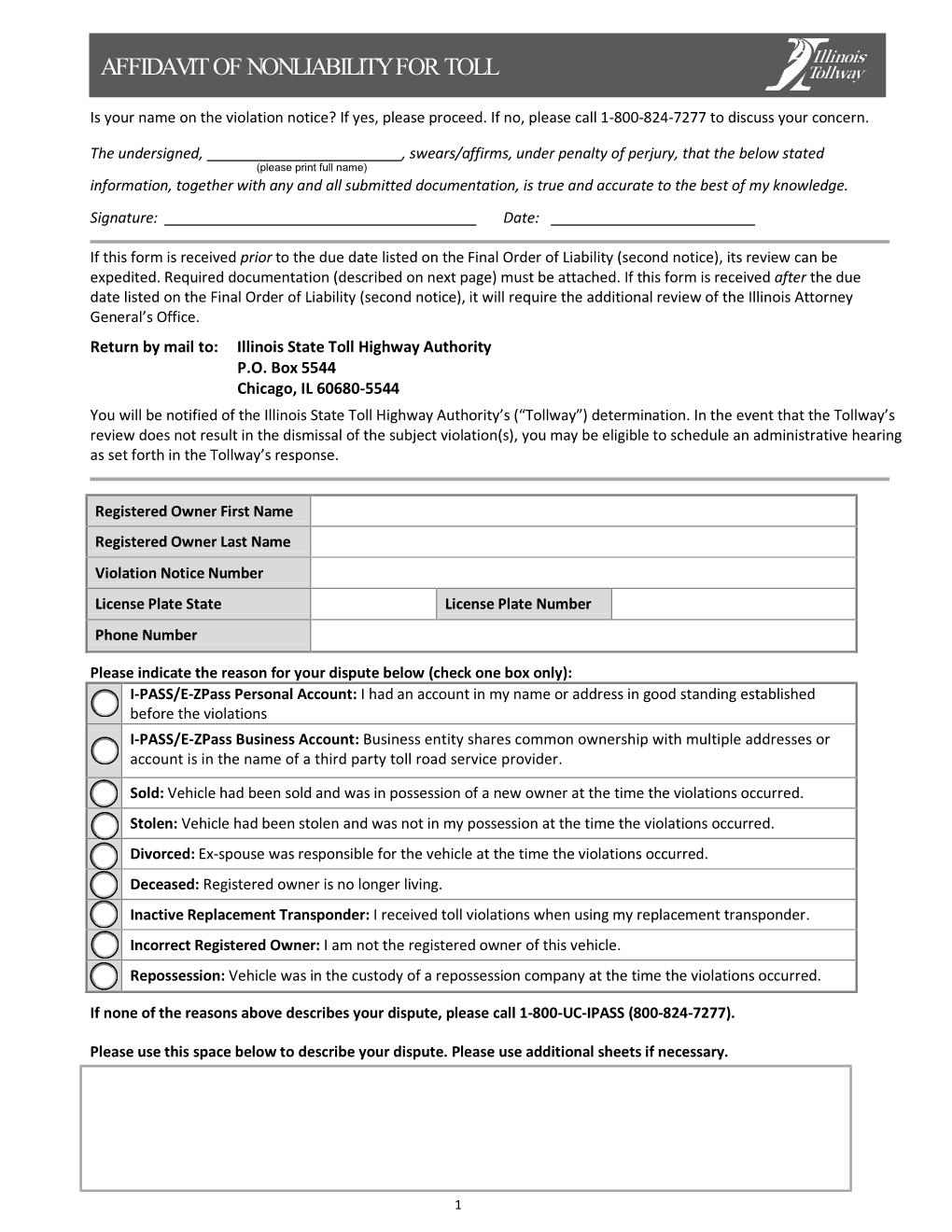 Affidavit of Nonliability for Toll