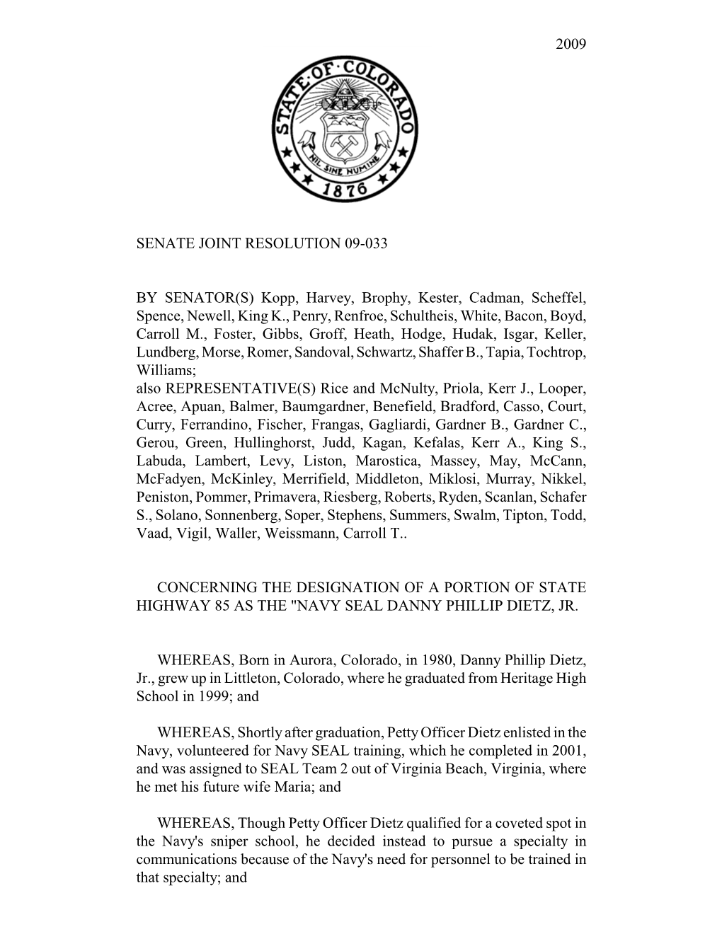 2009 Senate Joint Resolution 09-033 By