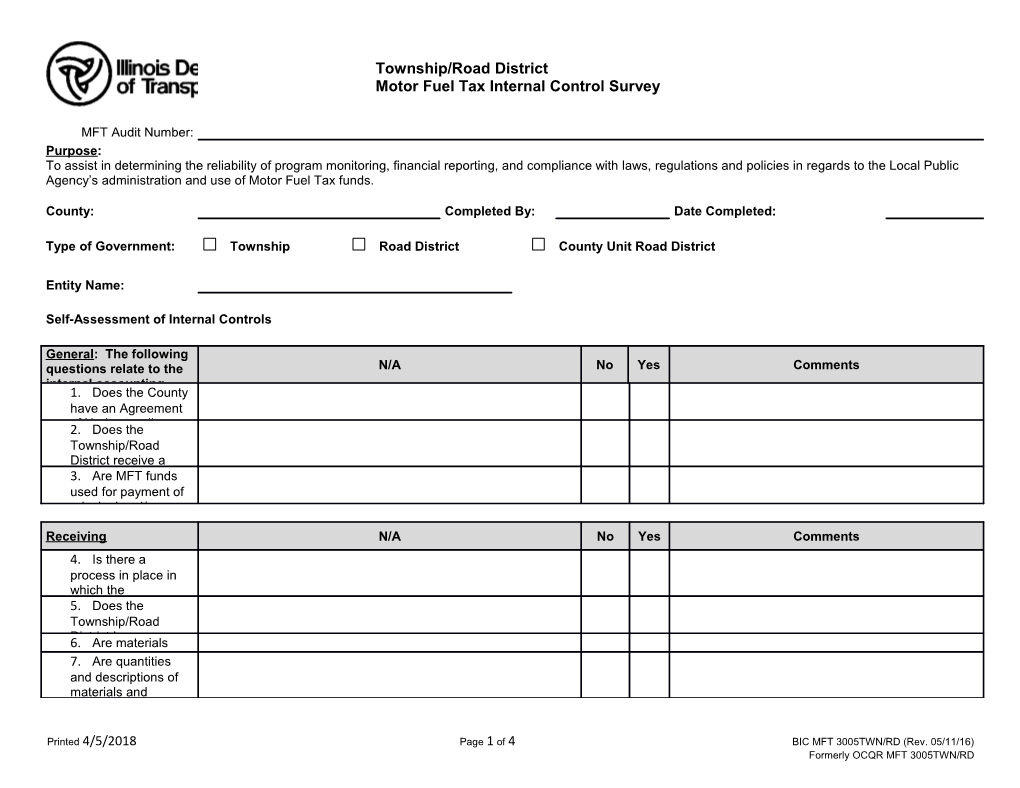 Township/Road District Motor Fuel Tax Internal Control Survey