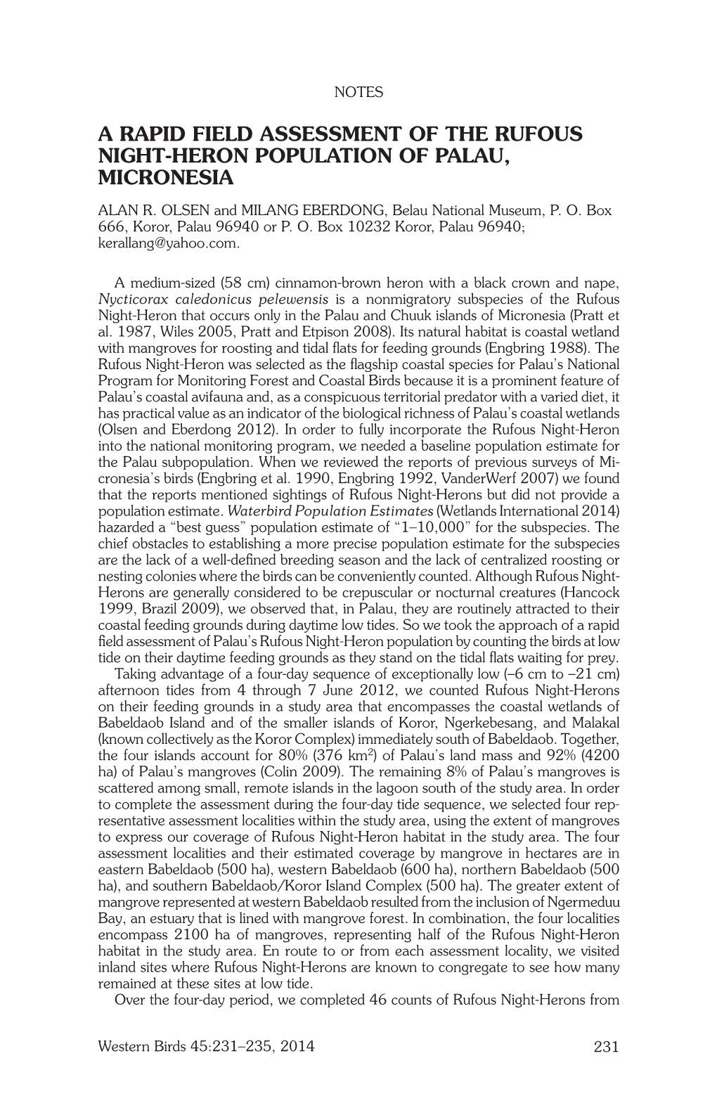 A RAPID FIELD ASSESSMENT of the Rufous Night-Heron POPULATION of Palau, MICRONESIA ALAN R