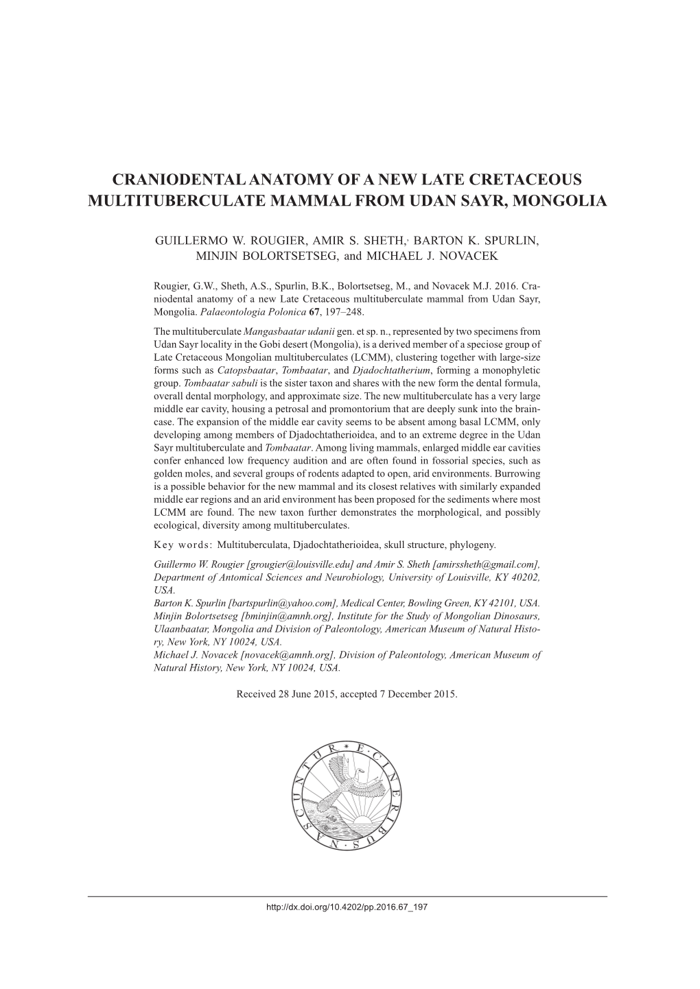 CRANIODENTAL ANATOMY of a NEW LATE CRETACEOUS MULTITUBERCULATE MAMMAL from UDAN SAYR, MONGOLIA -.: Palaeontologia Polonica