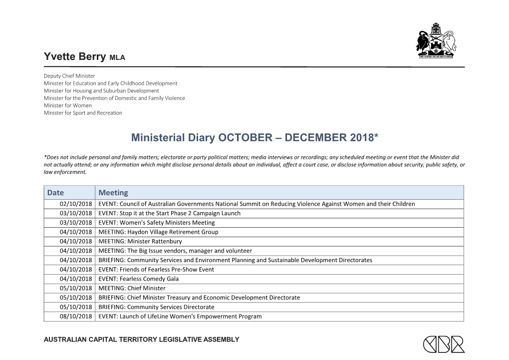 Yvette Berry MLA Ministerial Diary Publication October