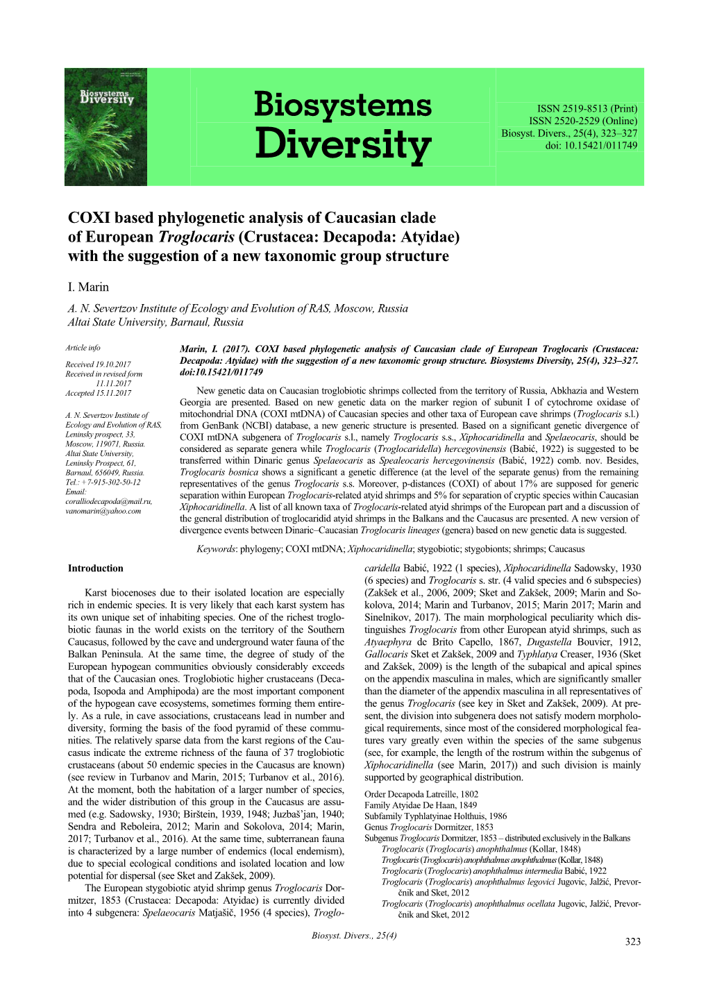 Biosystems Diversity, 25(4), 323–327