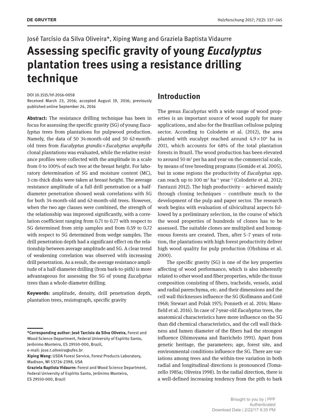 Assessing Specific Gravity of Young Eucalyptus Plantation Trees Using a Resistance Drilling Technique
