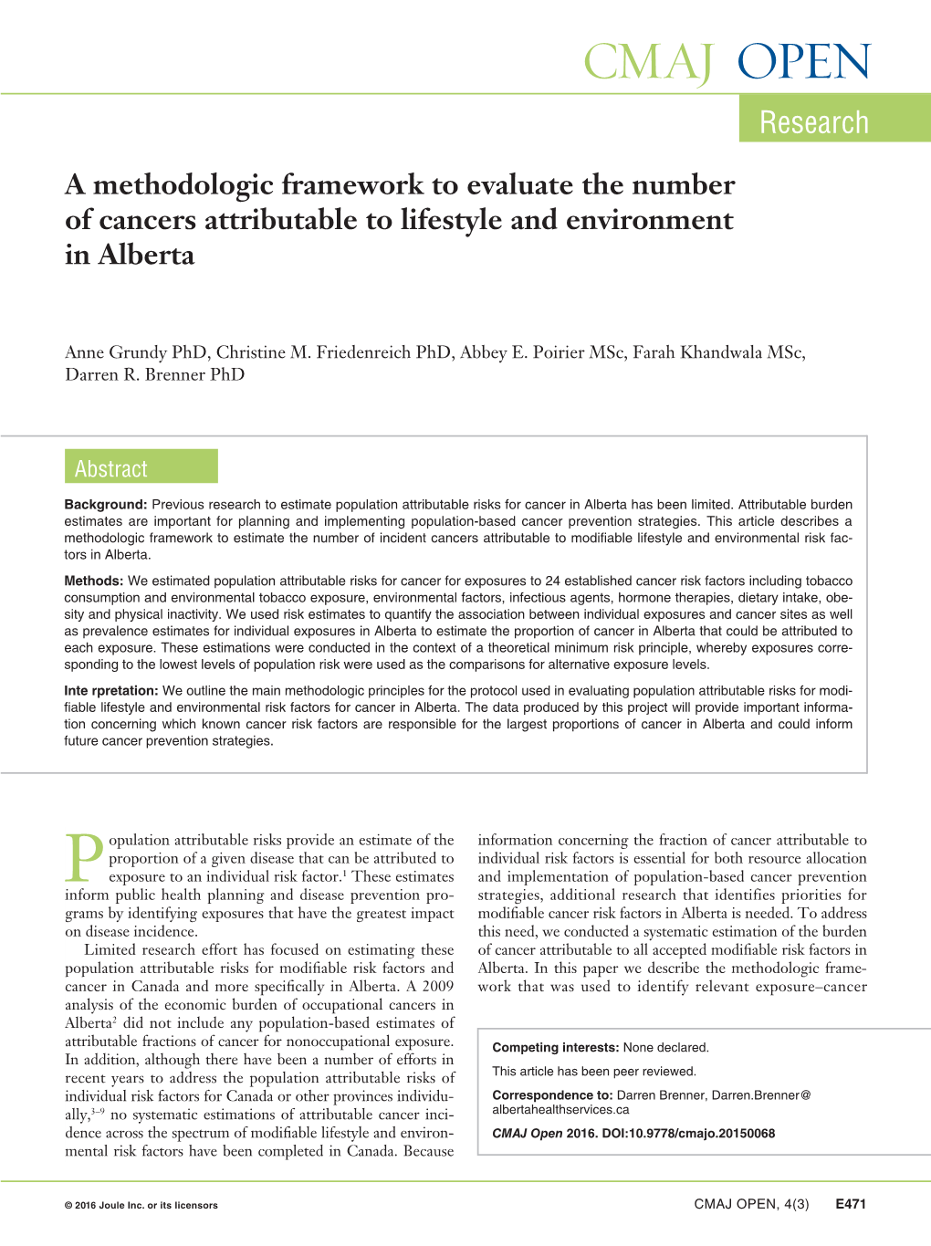 A Methodologic Framework to Evaluate the Number of Cancers Attributable to Lifestyle and Environment in Alberta