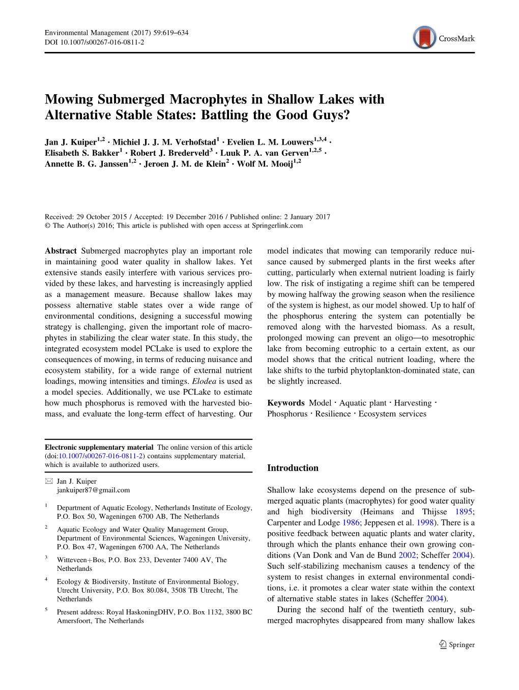 Mowing Submerged Macrophytes in Shallow Lakes with Alternative Stable States: Battling the Good Guys?