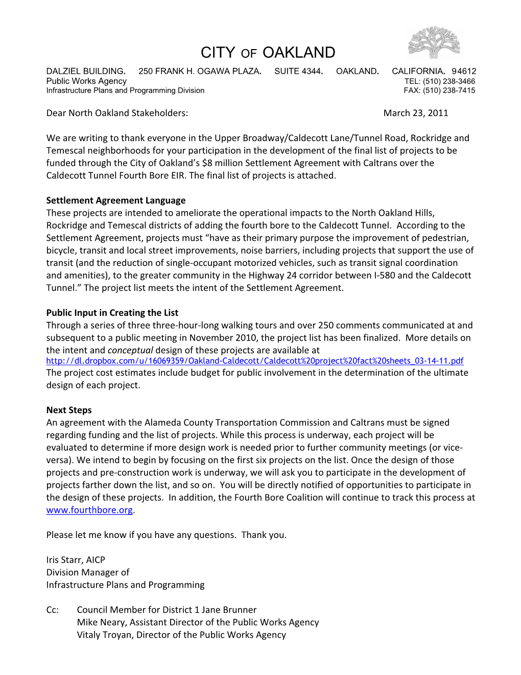 Caldecott Tunnel Settlement Agreement Final Project List | March 14, 2011 Incorporates All Public Meeting and Written Comments