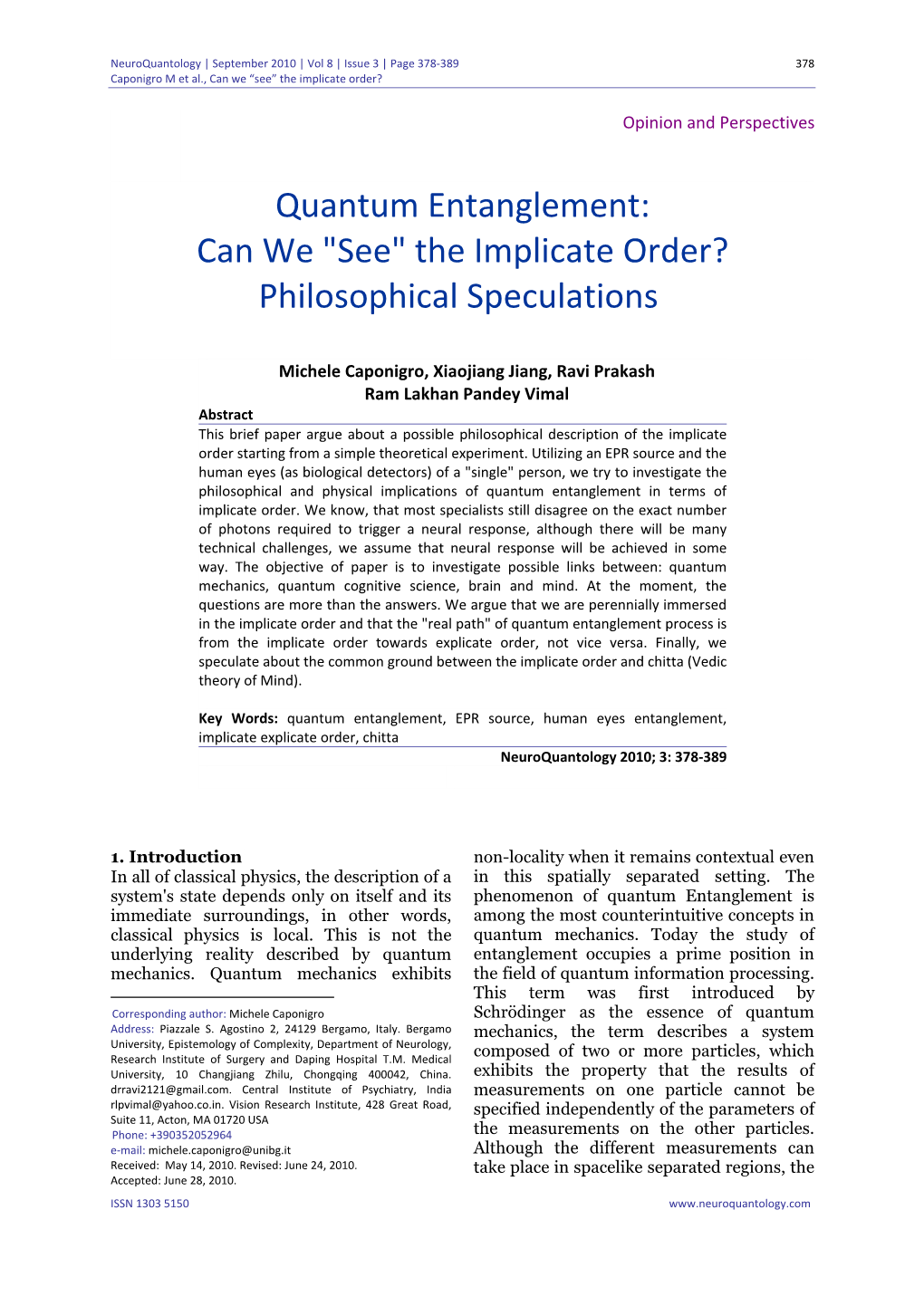 Quantum Entanglement: Can We "See" the Implicate Order? Philosophical Speculations