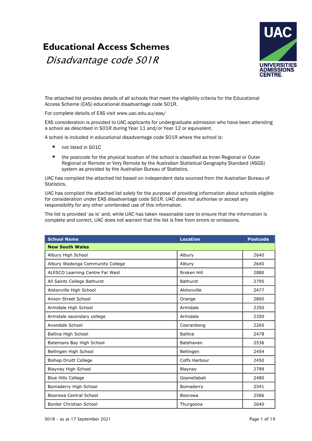 EAS S01R School List