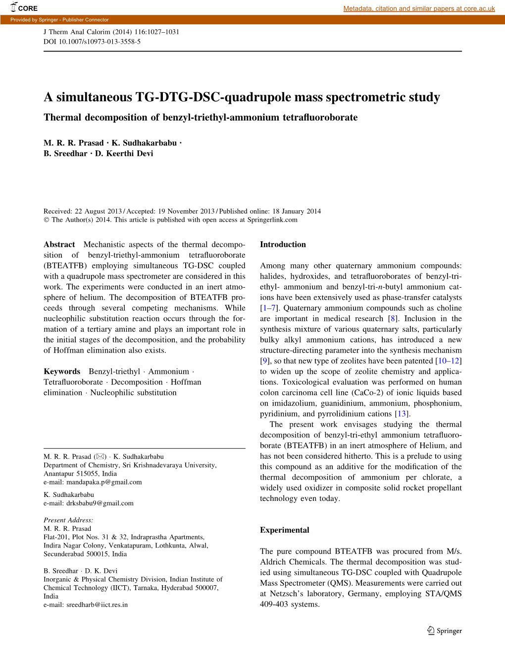 A Simultaneous TG-DTG-DSC-Quadrupole Mass Spectrometric Study Thermal Decomposition of Benzyl-Triethyl-Ammonium Tetraﬂuoroborate