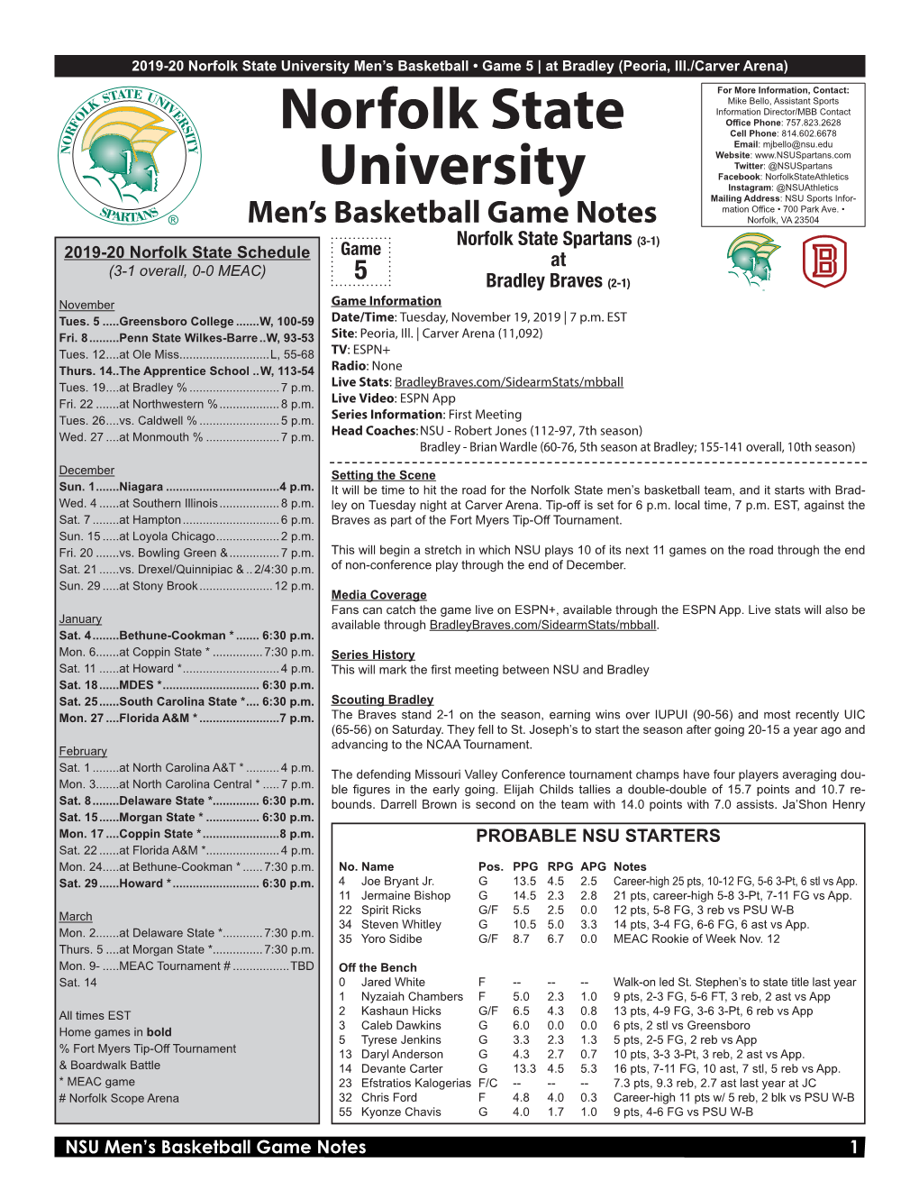 Norfolk State University Men’S Basketball • Game 5 | at Bradley (Peoria, Ill./Carver Arena)