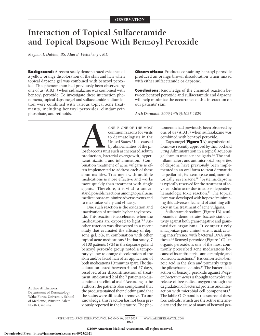 Interaction of Topical Sulfacetamide and Topical Dapsone with Benzoyl Peroxide