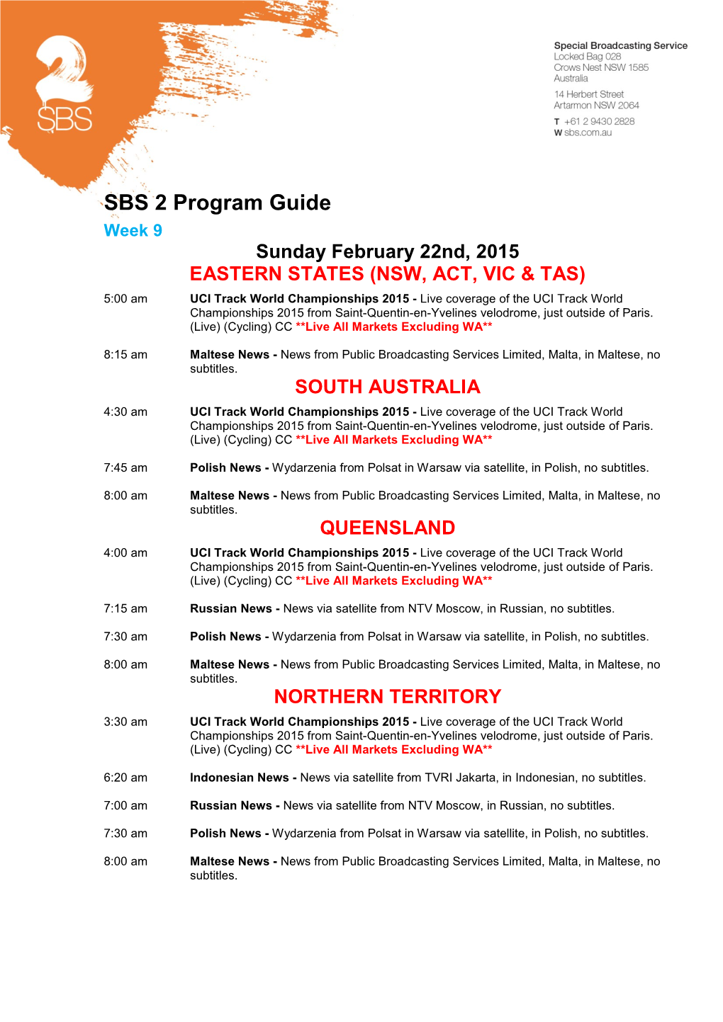 SBS 2 Program Guide
