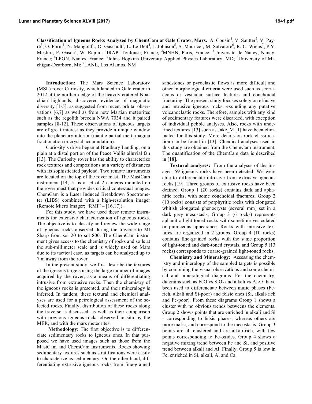 Classification of Igneous Rocks Analyzed by Chemcam at Gale Crater, Mars