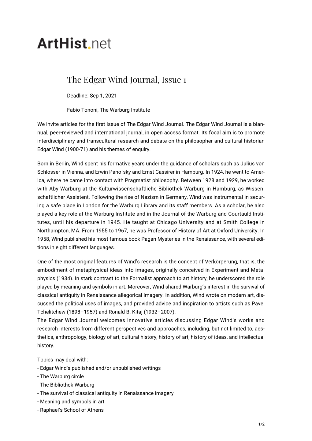 The Edgar Wind Journal, Issue 1