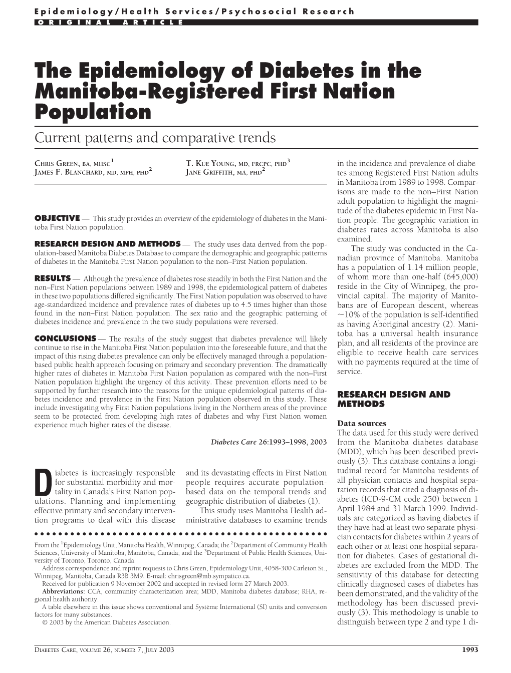The Epidemiology of Diabetes in the Manitoba-Registered First Nation Population Current Patterns and Comparative Trends