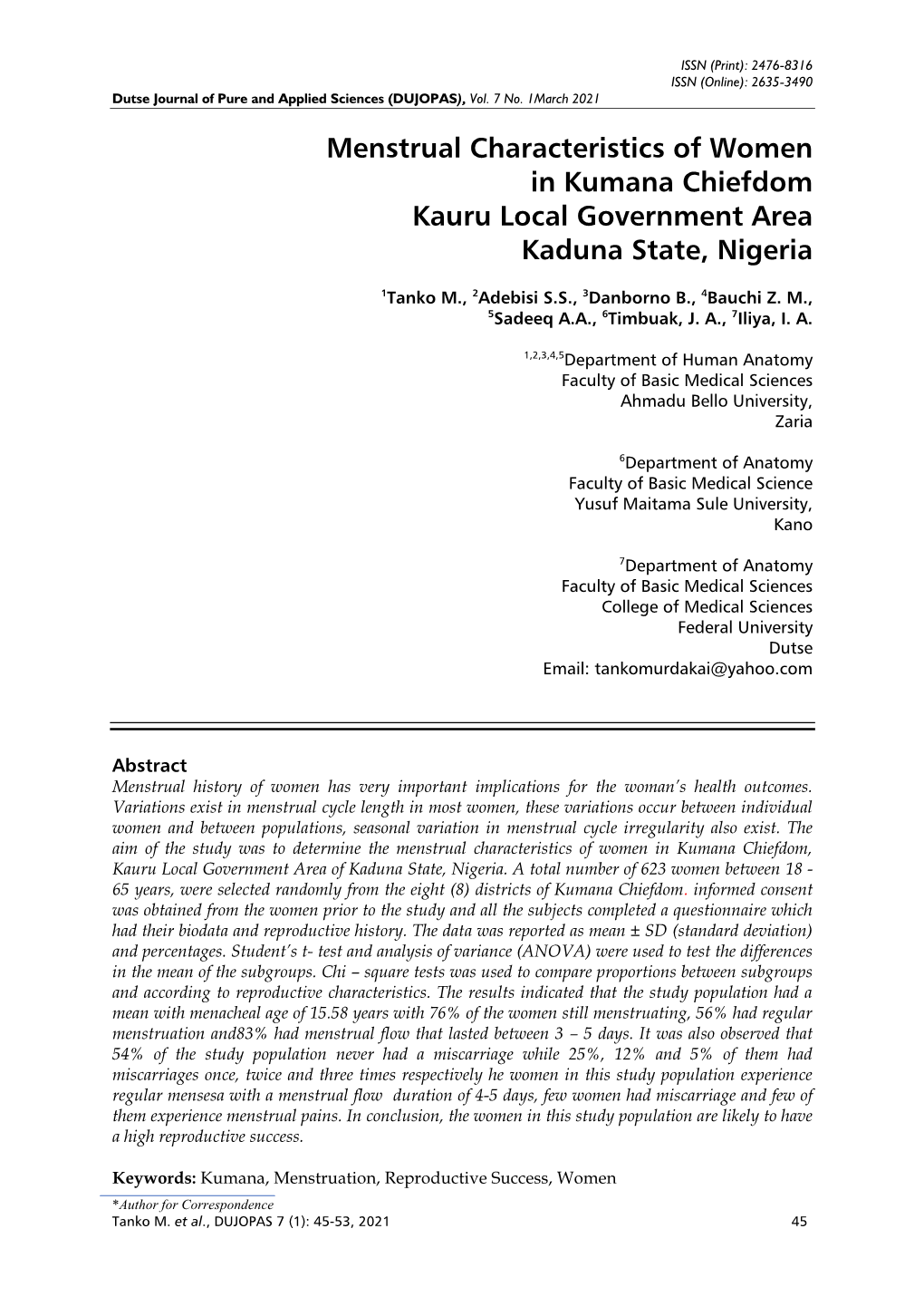 Menstrual Characteristics of Women in Kumana Chiefdom Kauru Local Government Area Kaduna State, Nigeria