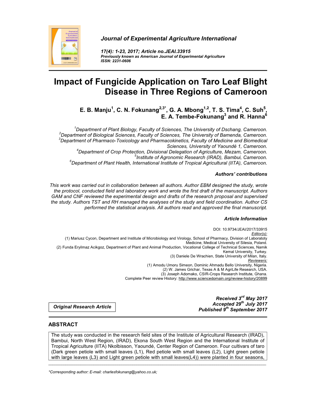 Impact of Fungicide Application on Taro Leaf Blight Disease in Three Regions of Cameroon