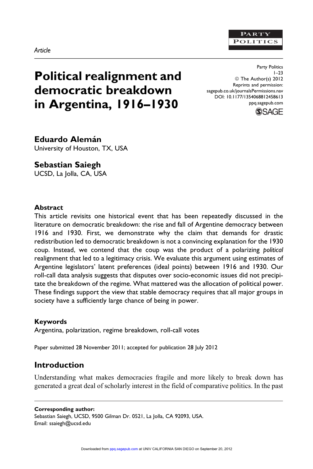 Political Realignment and Democratic Breakdown In