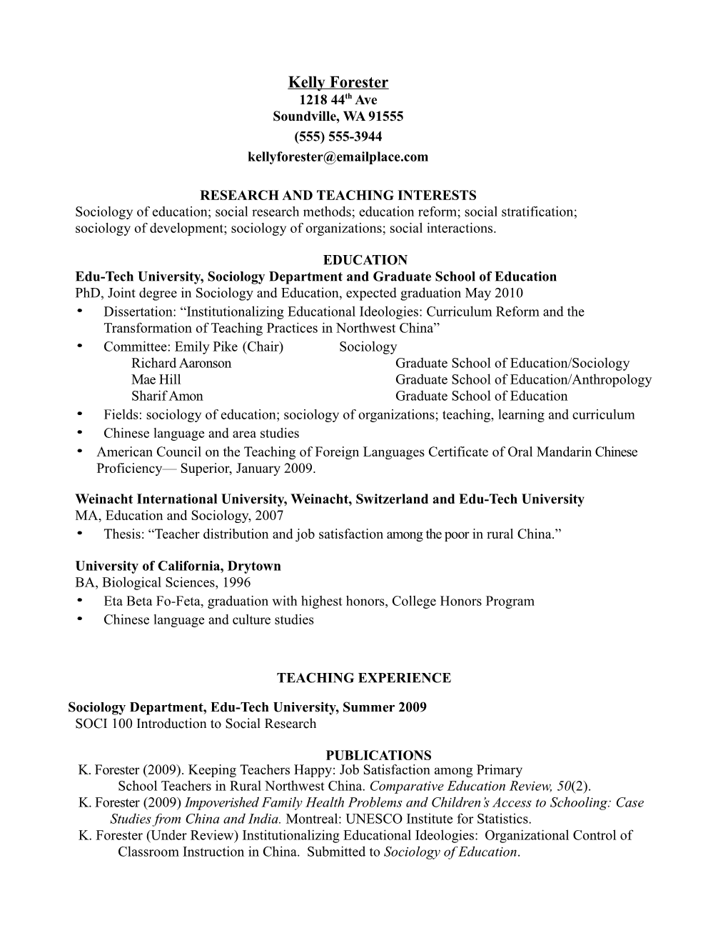 Sociology Education CV Example