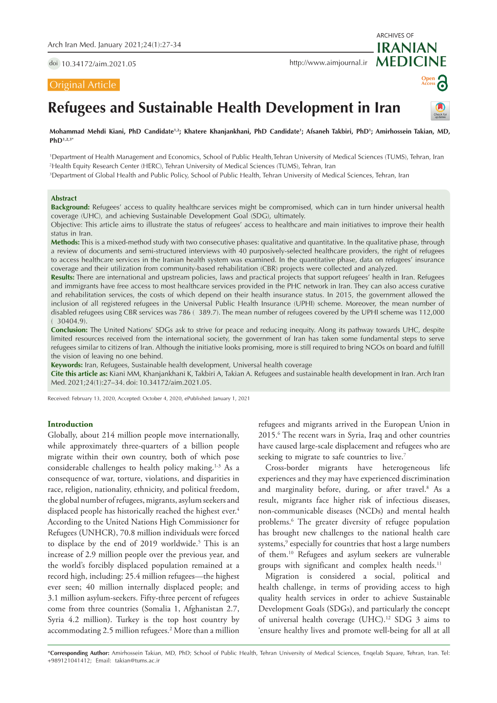 Refugees and Sustainable Health Development in Iran