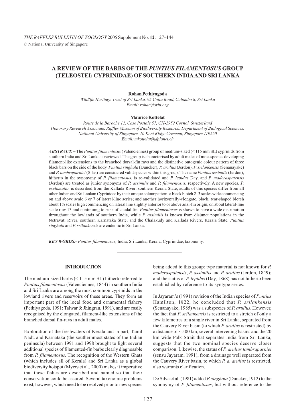 127 a Review of the Barbs of the Puntius Filamentosus Group (Teleostei: Cyprinidae) of Southern India and Sri Lanka