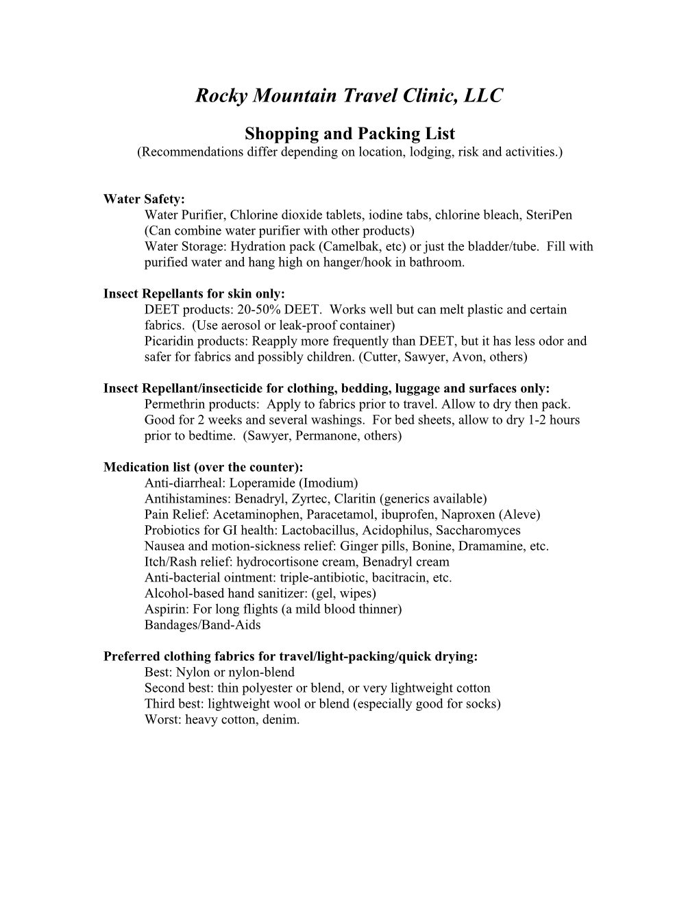 Shopping and Packing List RMTC