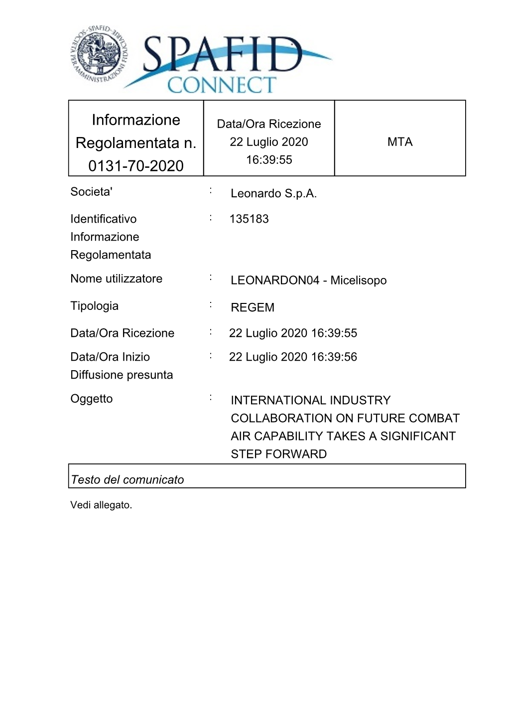 Informazione Regolamentata N. 0131-70-2020