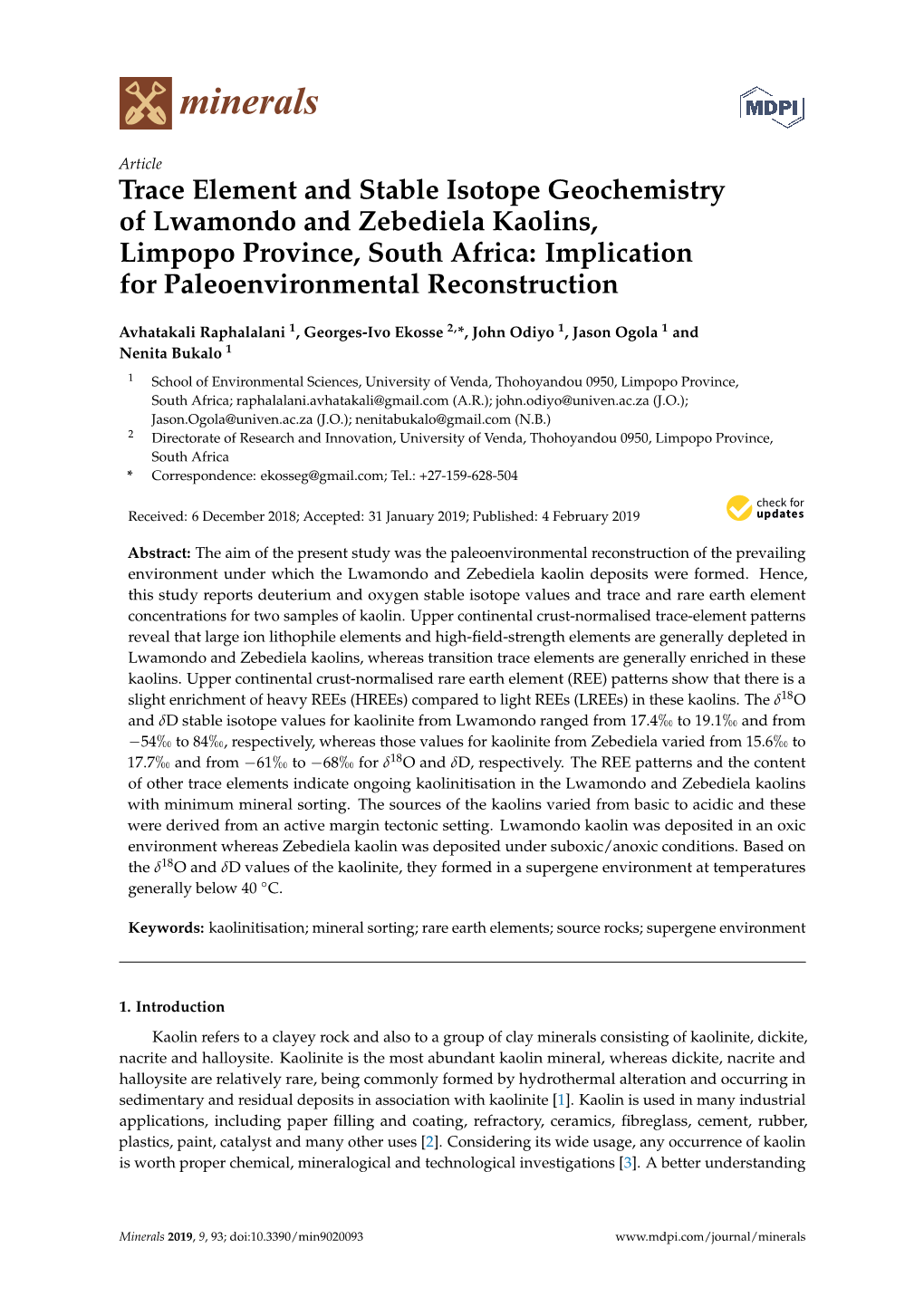 Trace Element and Stable Isotope Geochemistry of Lwamondo and Zebediela Kaolins, Limpopo Province, South Africa: Implication for Paleoenvironmental Reconstruction