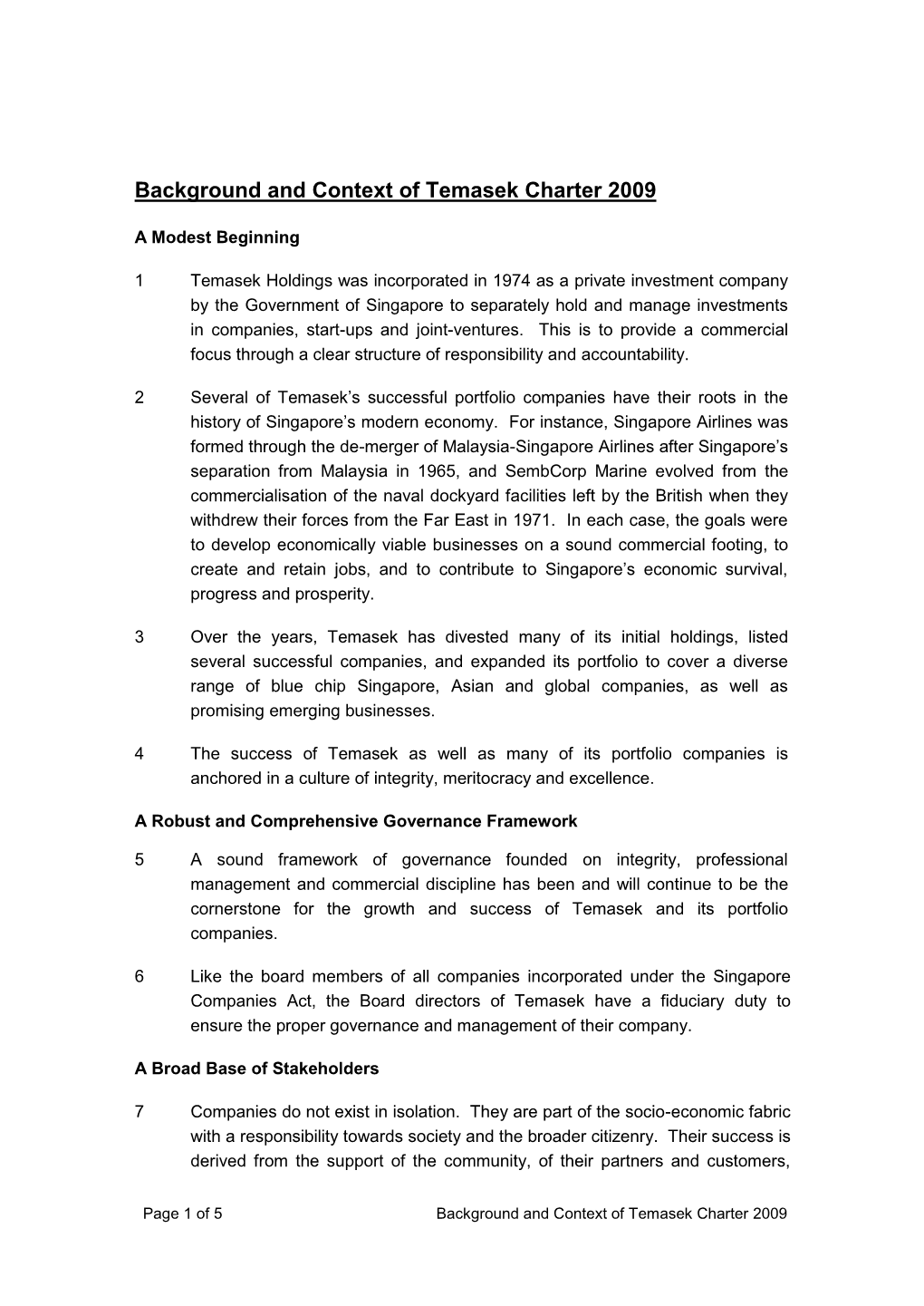 Background and Context of Temasek Charter 2009