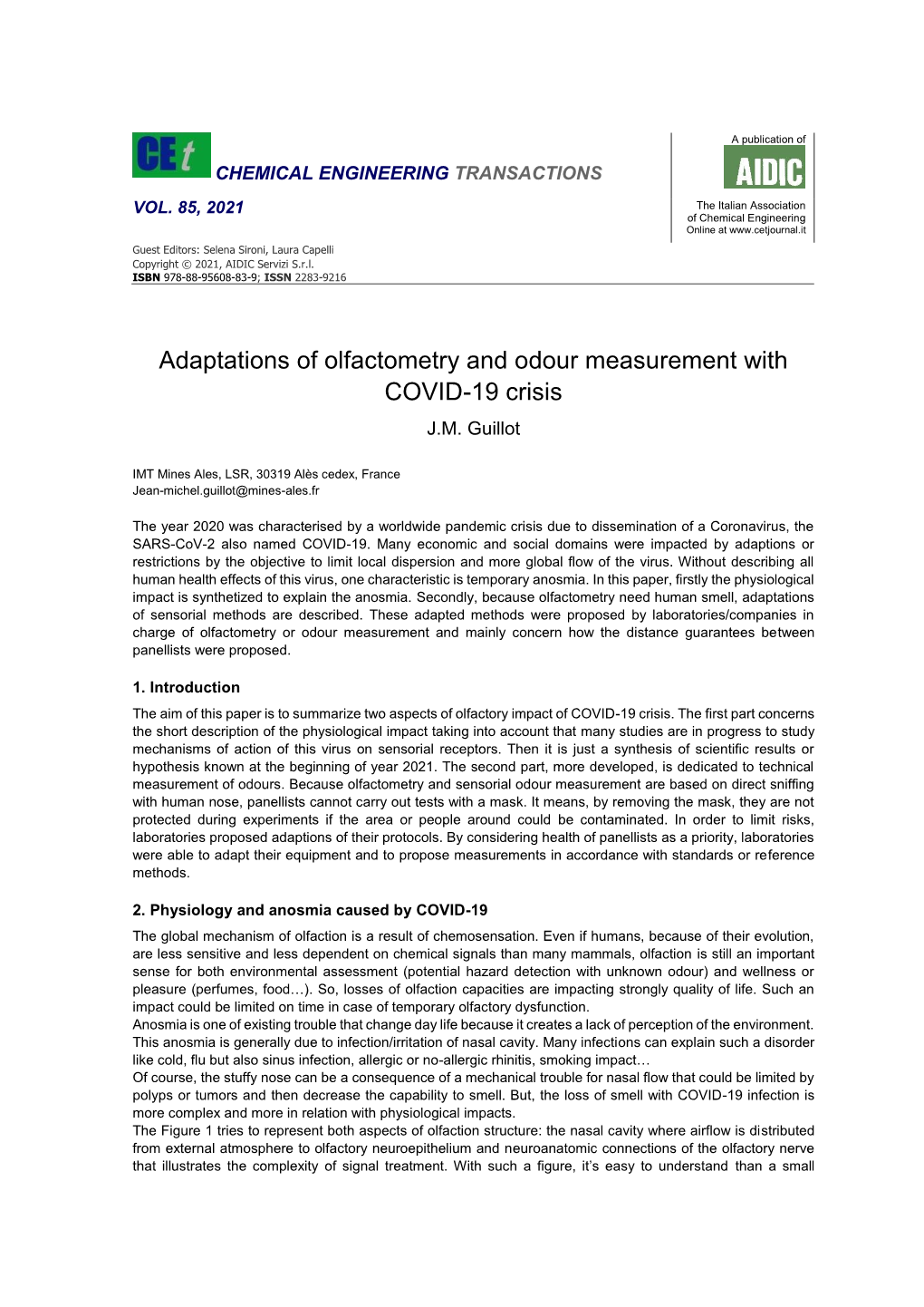 Adaptations of Olfactometry and Odour Measurement with COVID-19 Crisis J.M