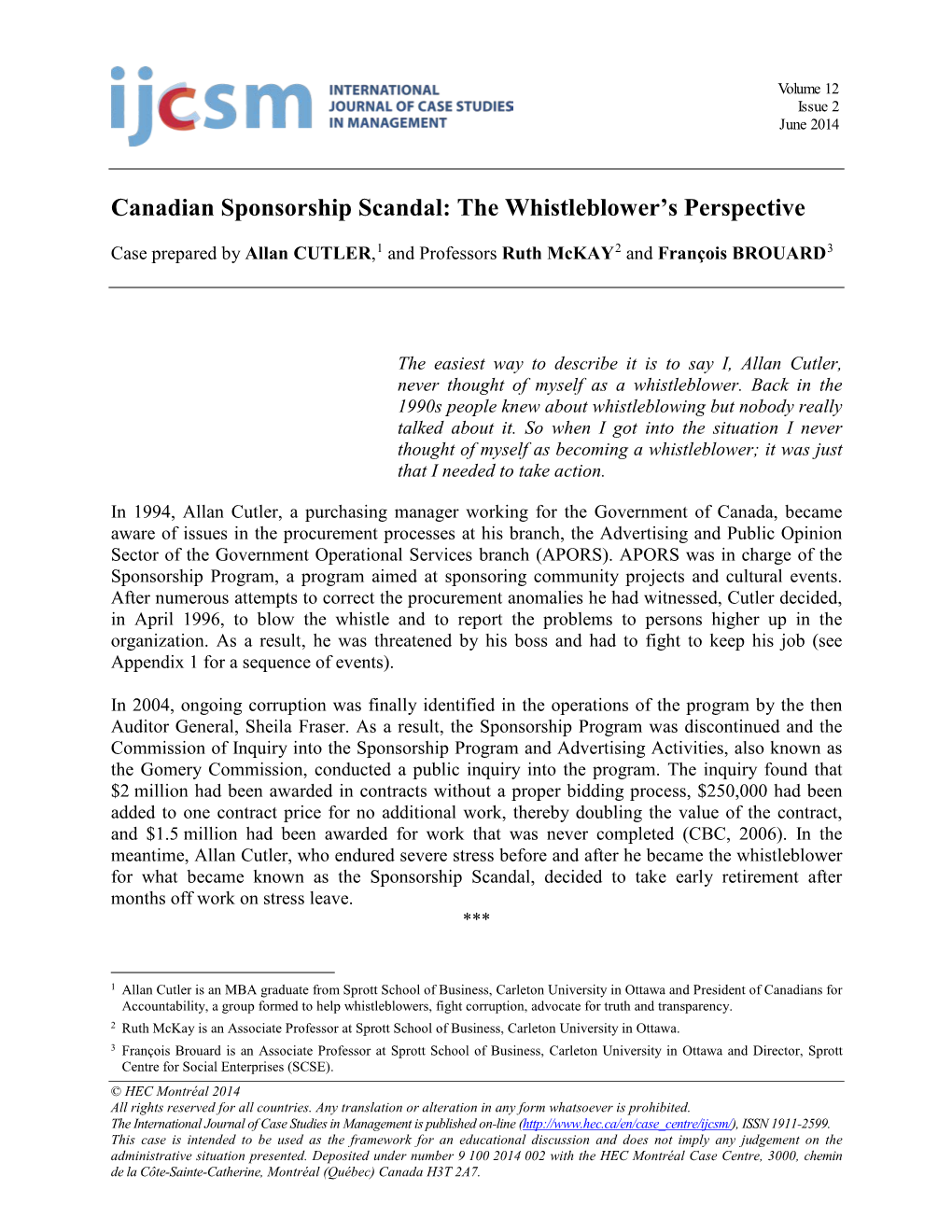 Canadian Sponsorship Scandal: the Whistleblower's Perspective