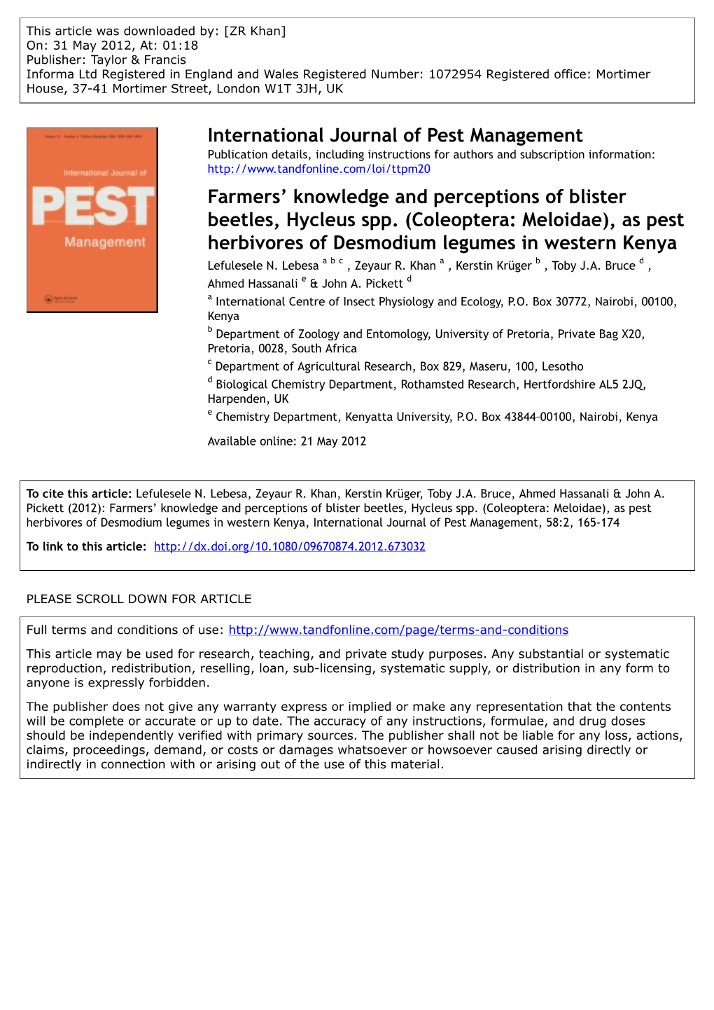 Farmers' Knowledge and Perceptions of Blister Beetles, Hycleus Spp