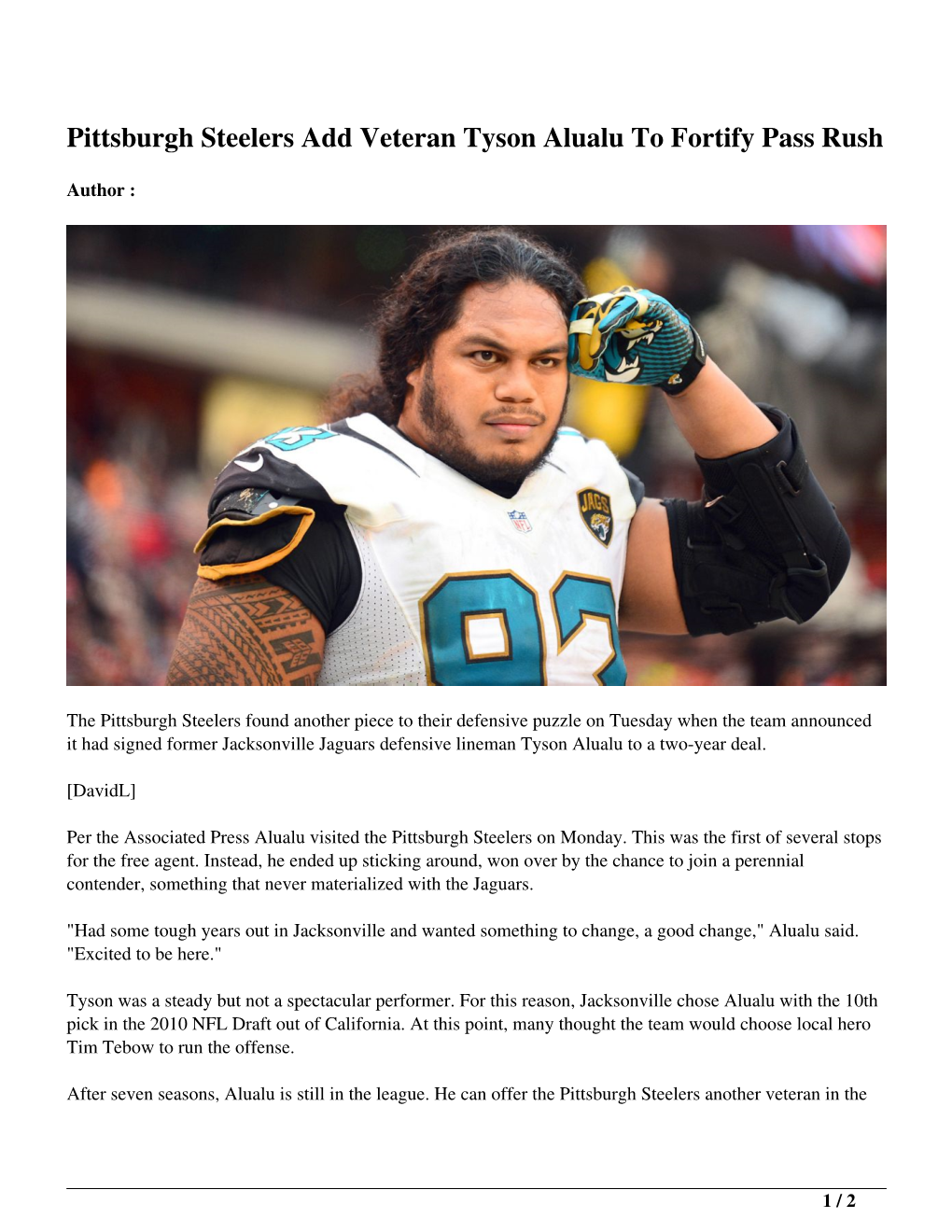 Pittsburgh Steelers Add Veteran Tyson Alualu to Fortify Pass Rush