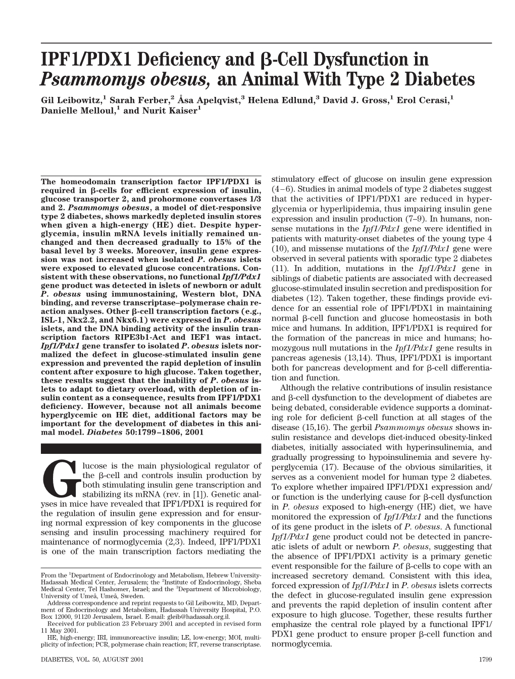 IPF1/PDX1 Deficiency and -Cell Dysfunction in Psammomys Obesus